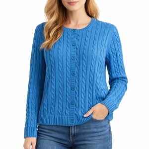L.L. Bean Cable Knit Cardigan Sweater Blue 100% Cotton Button Front M